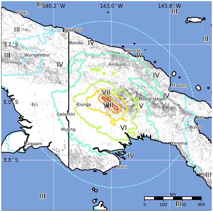 M7.5 earthquake Papua New Guinea February 25, 2018 - Estimated population exposure
