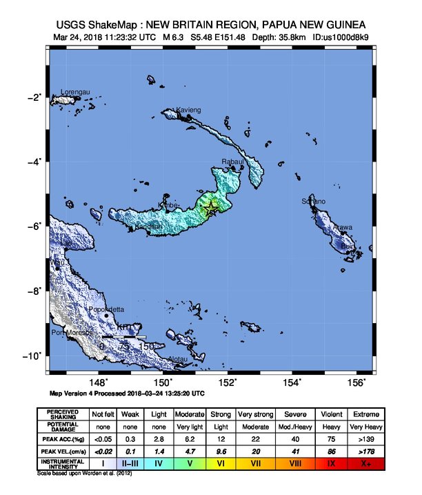 New Britain, PNG earthquake March 24, 2018 - ShakeMap