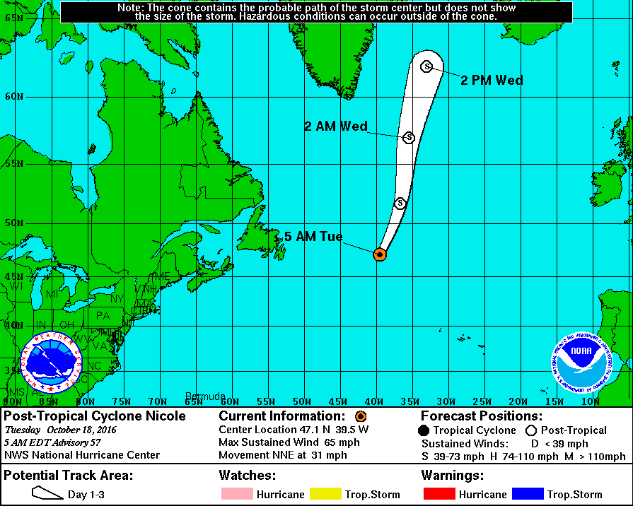 Post-tropical cyclone Nicole 24-hour forecast track. Image credit: NWS/NOAA/NHC