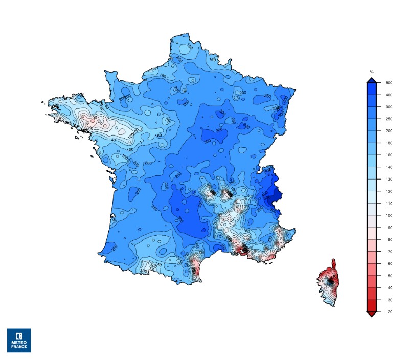 Precipitation totals France January 1 - 21, 2018