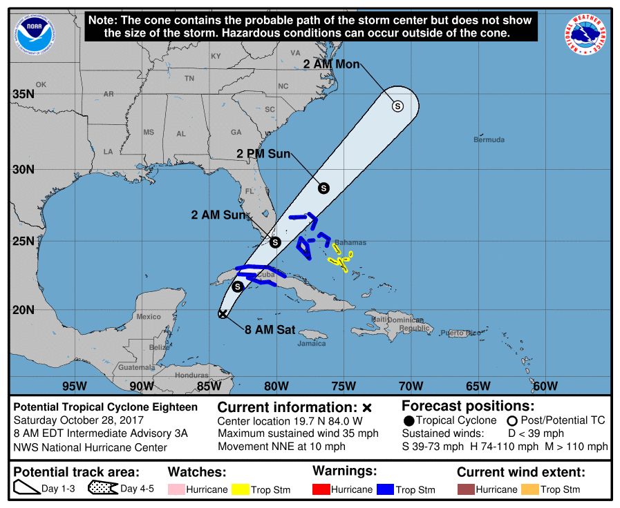 PTC 18 forecast track by NWS at 12:00 UTC on October 28, 2017
