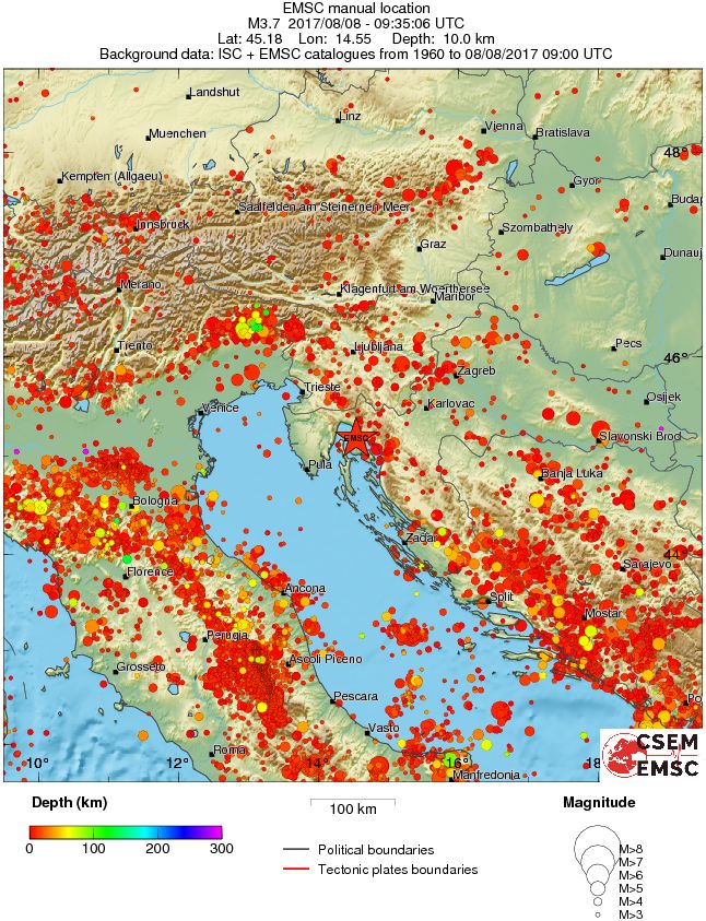 M3.7 earthquake near Rijeka, Croatia on August 8, 2017