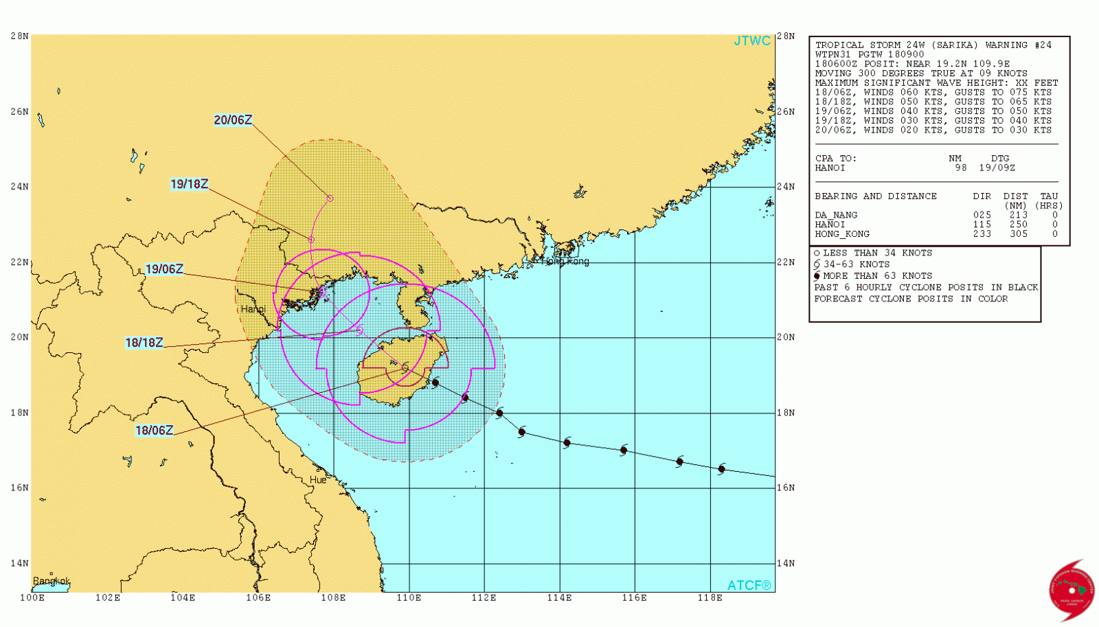 Typhoon Sarika forecast track by JTWC at 09:00 UTC on October 18, 2016