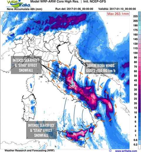 Intense sea-effect and Stau effect snowfall - model valid January 10, 2017