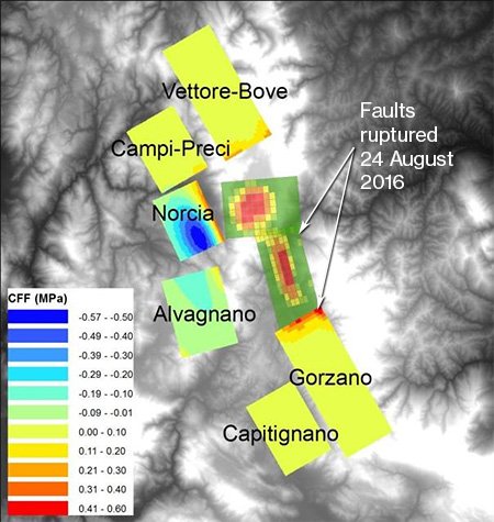 Distribution of the seismic stress transferred by the rupture of the fault(s) along adjacent faults. Image credit: INGV and Gruppo Emergeo