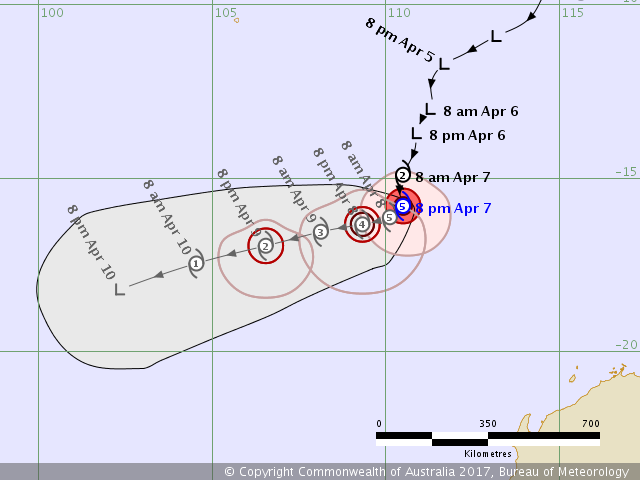 Tropical Cyclone Ernie forecast track by BOM on April 7, 2017