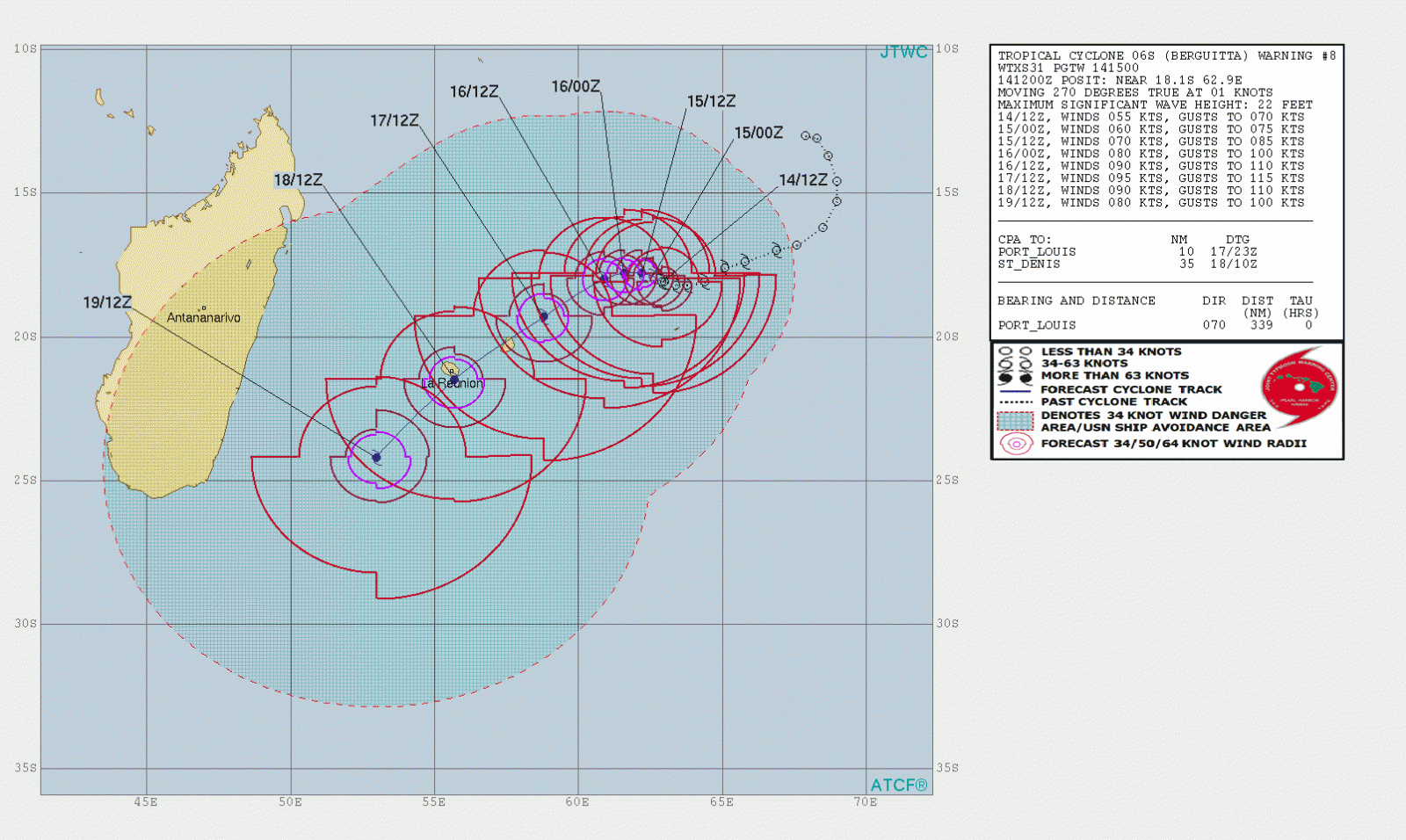 Tropical Cyclone Berguitta JTWC forecast track 15:00 UTC, January 14, 2018