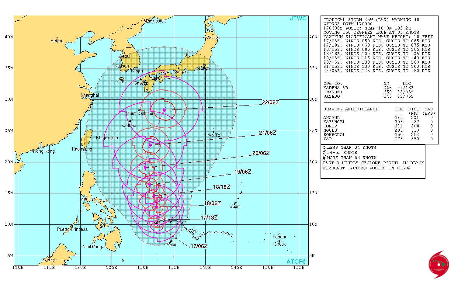 Severe Tropical Storm Lan JTWC forecast track October 16, 2017