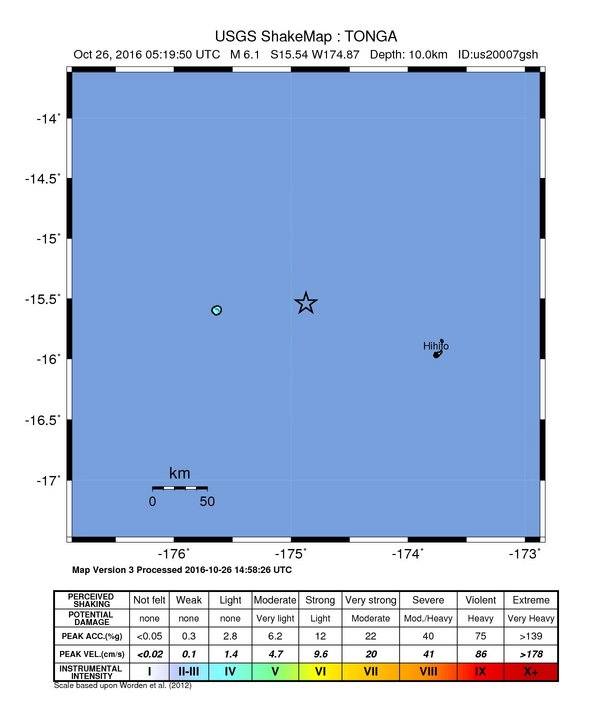 M6.1 earthquake, Tonga region October 26, 2016 - USGS Shake Map