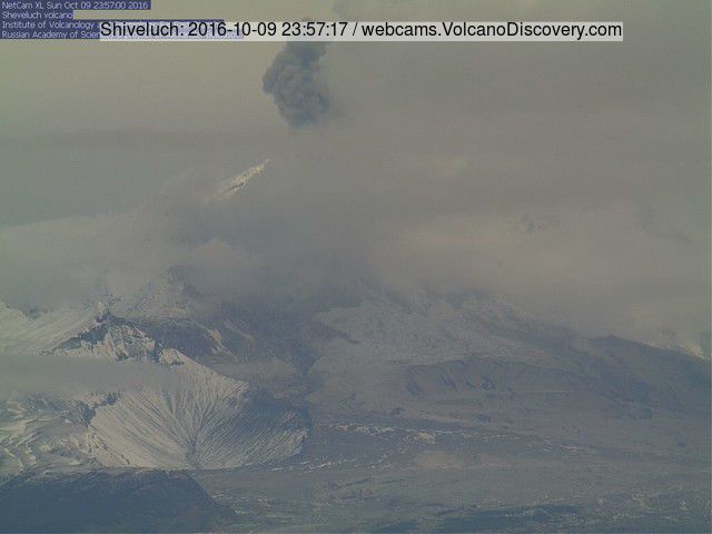 Ash plume from an explosion at Sheveluch volcano on the morning of October 9, 2016 (local time)