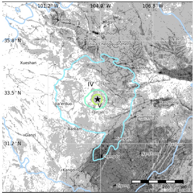 Sichuan, China earthquake August 8, 2017 - Estimated population exposure
