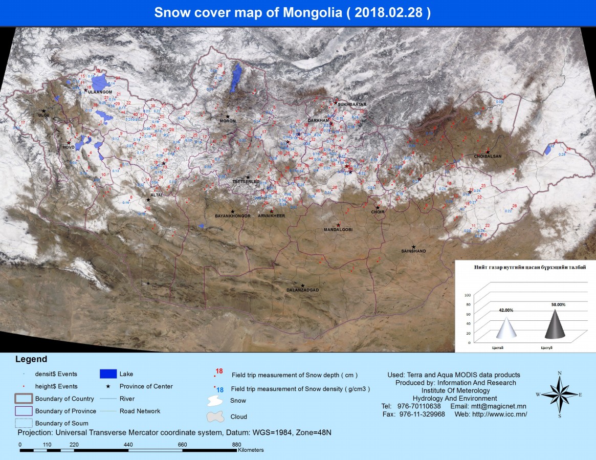 Snow cover map Mongolia on February 28, 2018