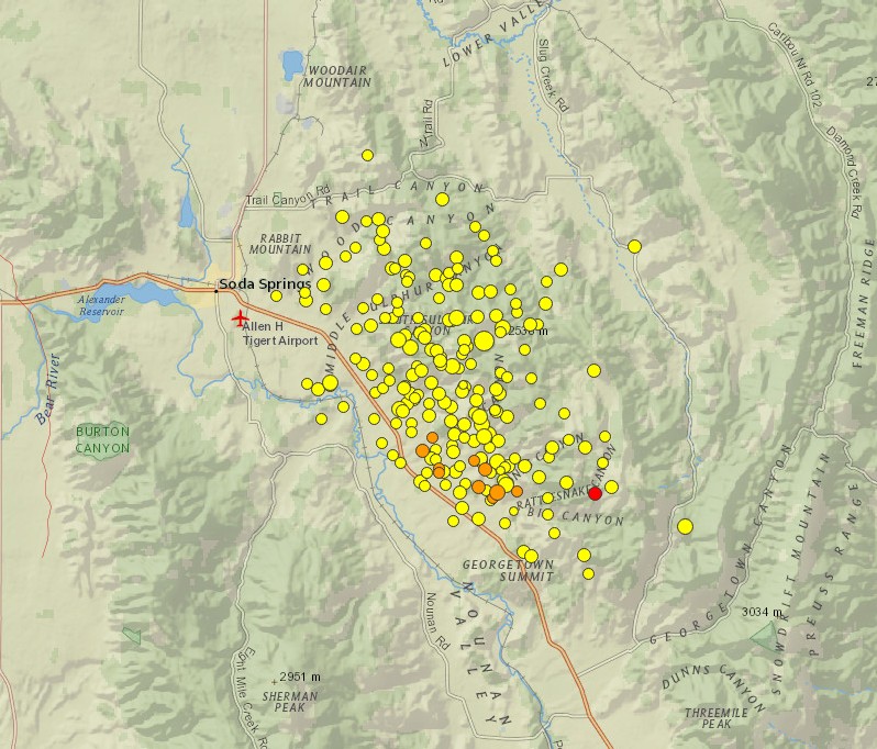Earthquake swarm near Soda Springs, Idaho September 2 - 9, 2017 - map