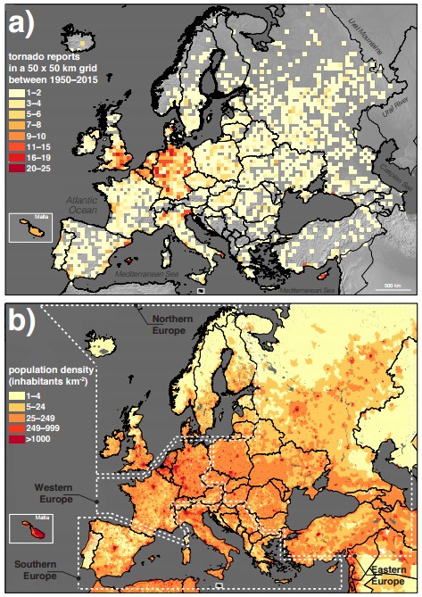  The spatial distribution of tornado reports in Europe in between 1950–2015