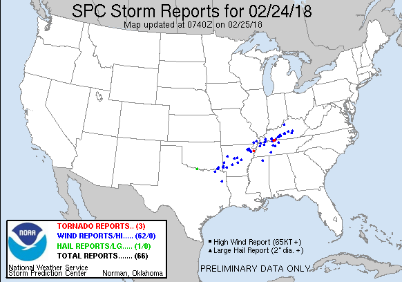 SPC Storm Reports on February 24, 2018