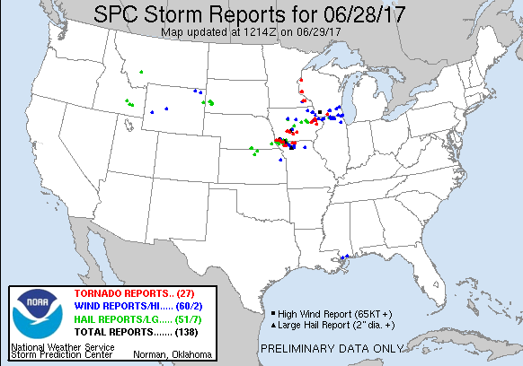 SPC storm reports for June 28, 2017