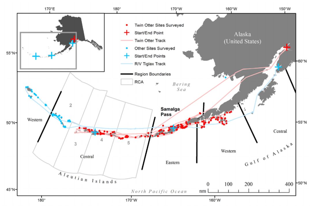 Steller sea lion terrestrial rookeries and haulouts surveyed in June-July 2016. Survey regions, rookery cluster areas (RCAs) and boundary of the eastern and western distinct population segments (DPSs) in Alaska are also shown.