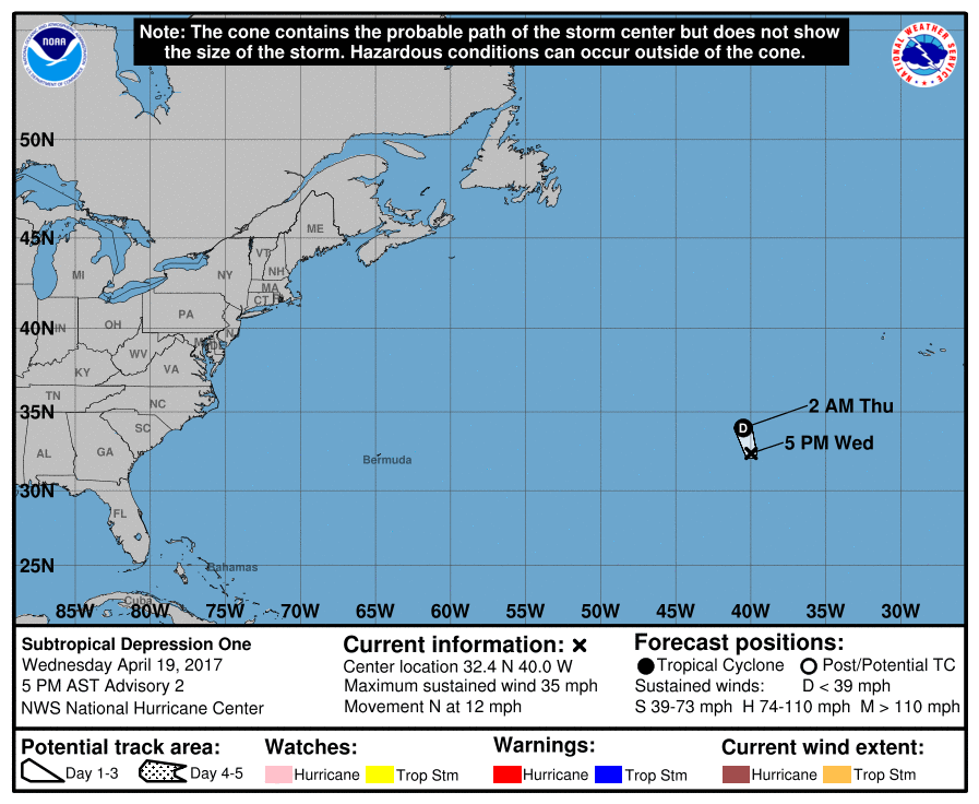 Subtropical Depression One - Atlantic Ocean - April 19, 2017