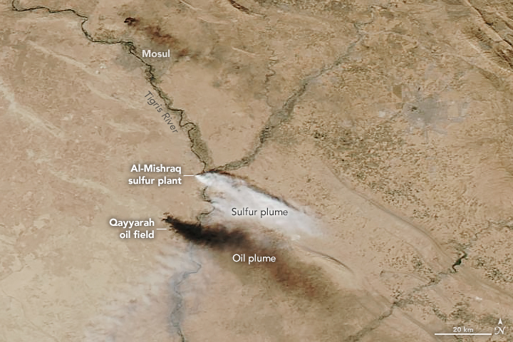 Fire at Al-Mishraq sulfur processing facility, Mosul, Iraq as seen by Aqua on October 22, 2016