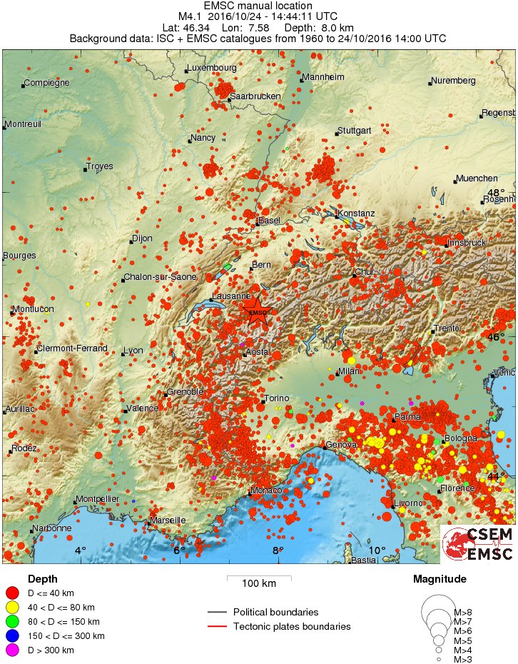 An M4.1 earthquake in Switzerland, October 24, 2016. Regional seismicity depth map since 1960. Image credit: EMSC