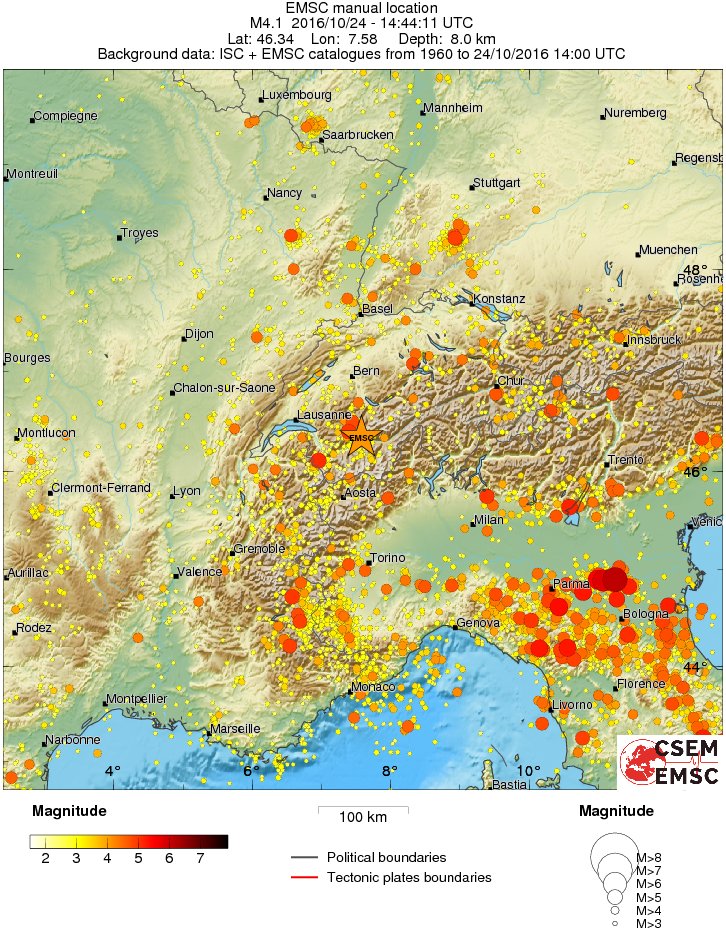 An M4.1 earthquake in Switerland, October 24, 2016. Regional seismicity magnitude map since 1960. Image credit: EMSC
