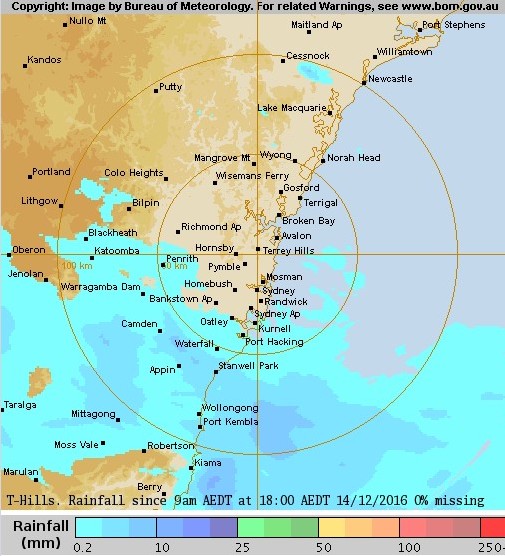 Sydney, Australia rainfall December 14, 2016