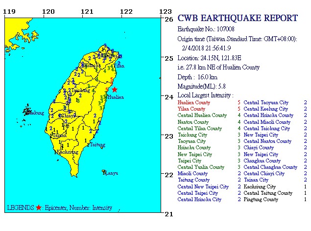 Taiwan earthquake February 4, 2018 CWB earthquake report
