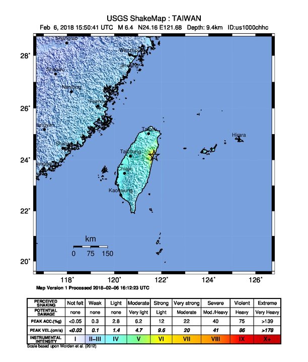 Taiwan earthquake February 6, 2018 - ShakeMap