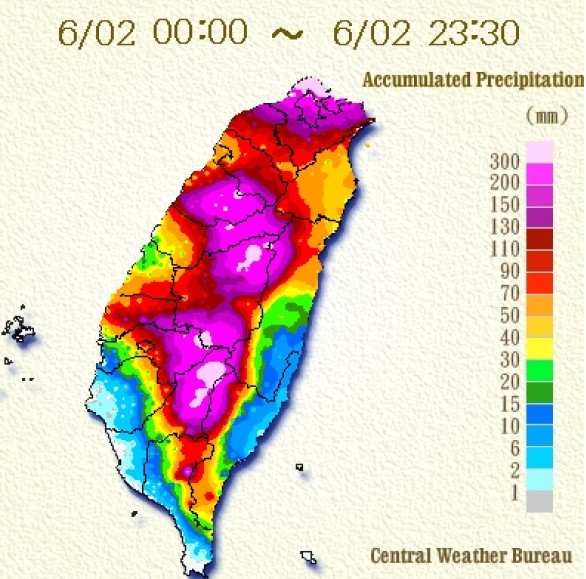 Total rainfall accumulation map for Taiwan - June 2, 2017