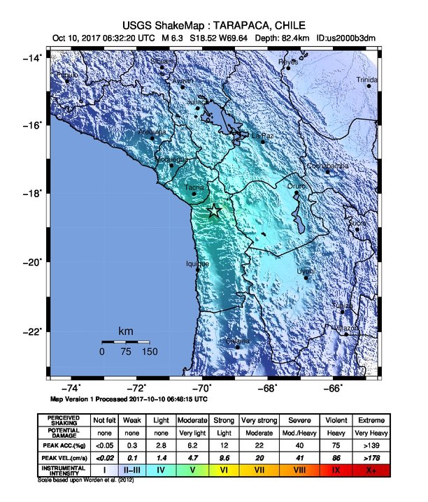 Tarapaca, Chile earthquake October 10, 2017 - ShakeMap