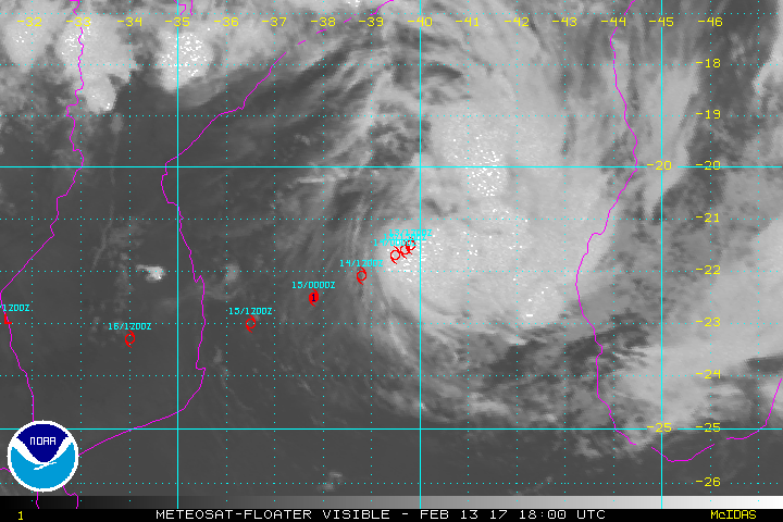 Tropical Cyclone Dineo satellite image at 18:00 UTC on February 13, 2017