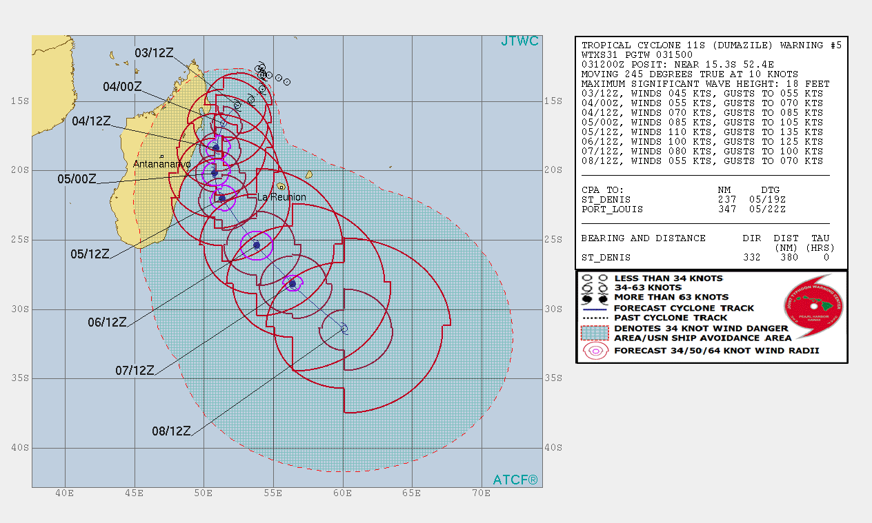 Tropical Cyclone Dumazile JTWC forecast track at 15z March 3, 2018