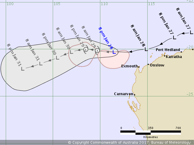 Tropical Cyclone 03S - Forecast track by BOM on January 28, 2017