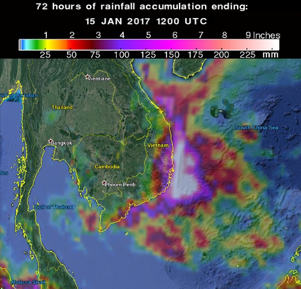72 hours of rainfall accumulation over southern Vietnam by 12:00 UTC on January 15, 2017