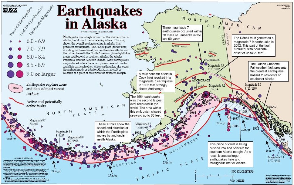Tectonic map of Alaska and northwestern Canada showing main faults and historic earthquakes