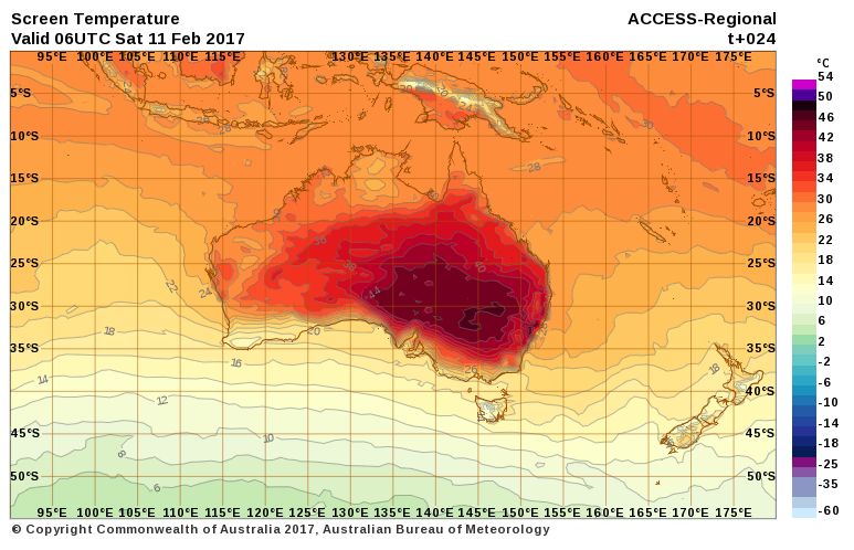 Screen temperature valid 06:00 UTC on Saturday, February 11, 2017 - Australia