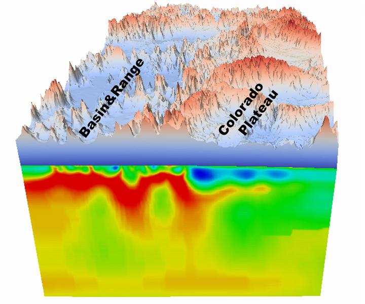A composite image of a topographical map covering parts of Nevada and Utah and the corresponding magnetotelluric image reveals where magma upwelling and weak spots in the crust correlate to topographical features on the surface. Image credit: Lijun Liu