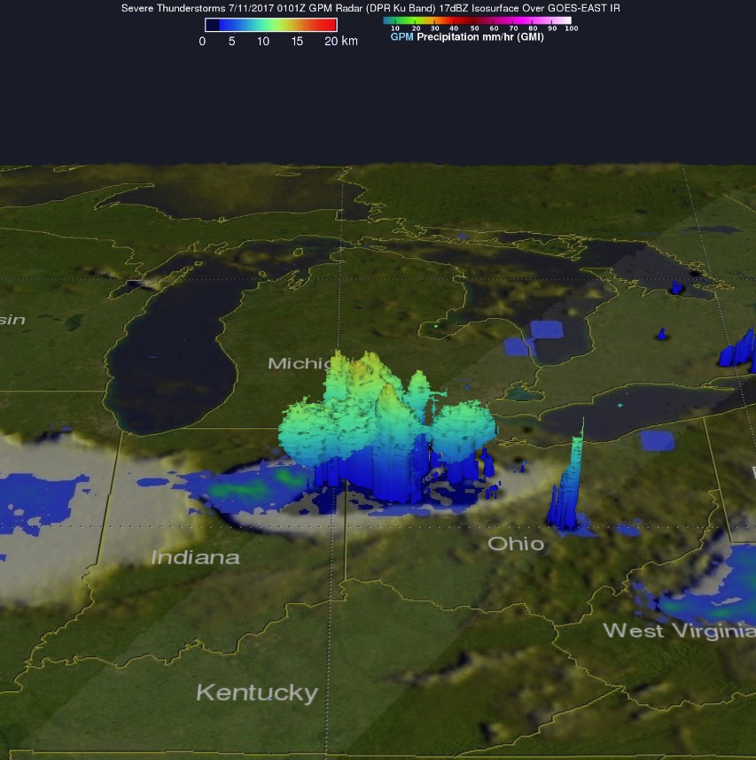 GPM satellite 3-D view of rainfall structure in July 11 storm over US Midwest