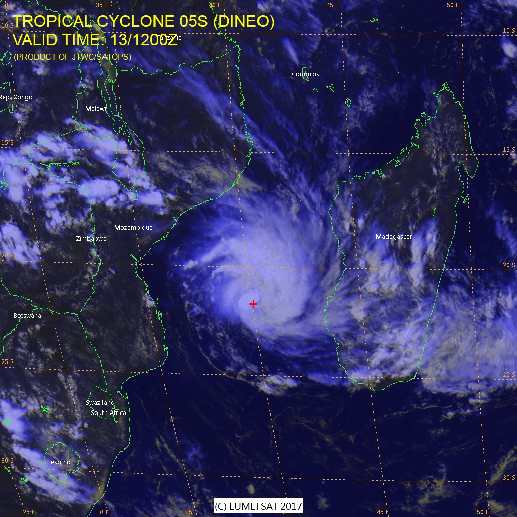 Tropical Cyclone Dineo satellite image at 12:00 UTC on February 13, 2017