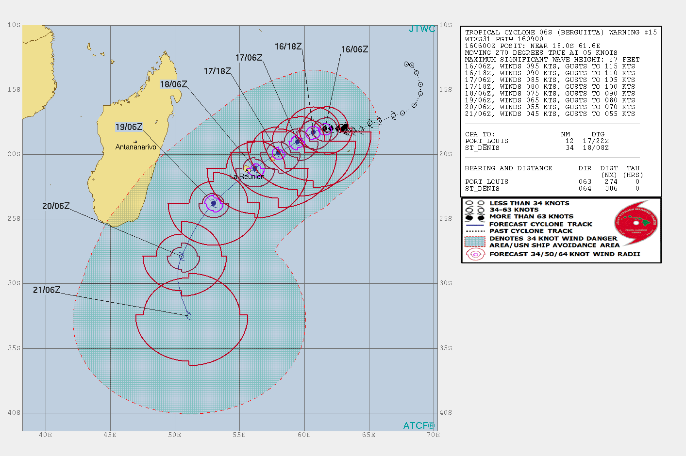 Tropical Cyclone Berguitta JTWC forecast track at 09:00 UTC on January 16, 2018