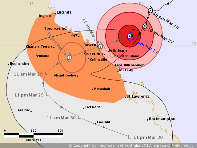 Tropical Cyclone Debbie forecast track by BOM at 23:00 AEST on March 27, 2017