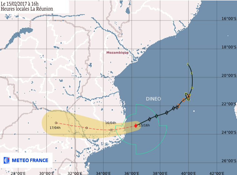 Tropical Cyclone Dineo forecast track by RSMC La Reunion on February 15, 2017