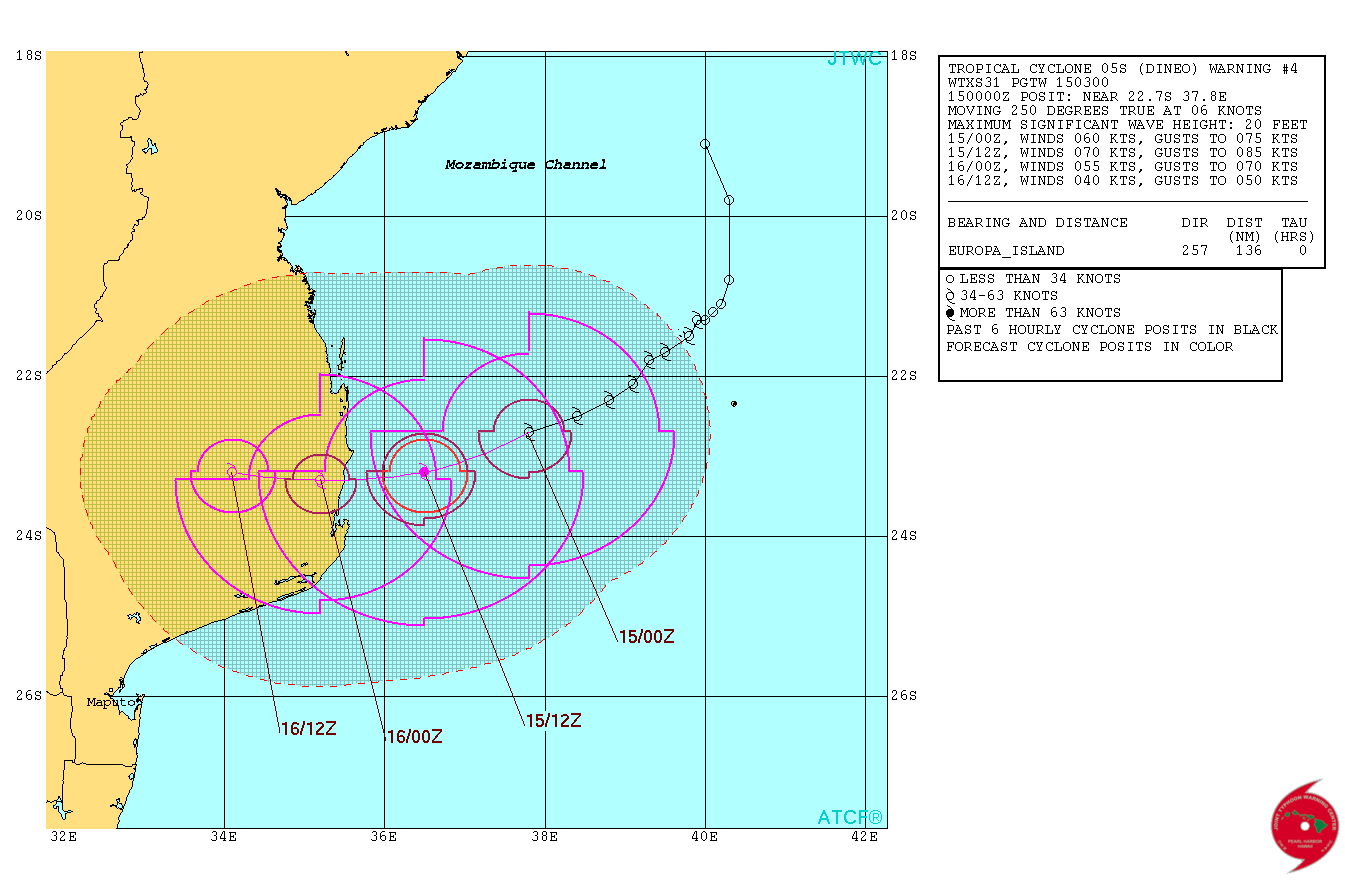Tropical Cyclone Dineo forecast track by JTWC on February 15, 2017