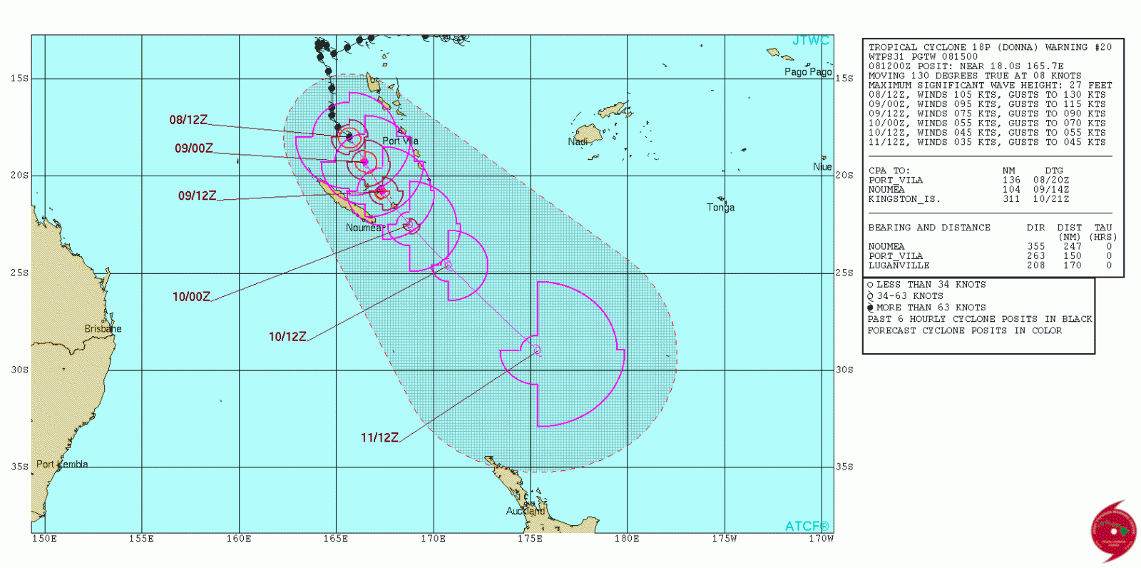 Tropical Cyclone Donna forecast track by JTWC on 15:00 UTC on May 8, 2017