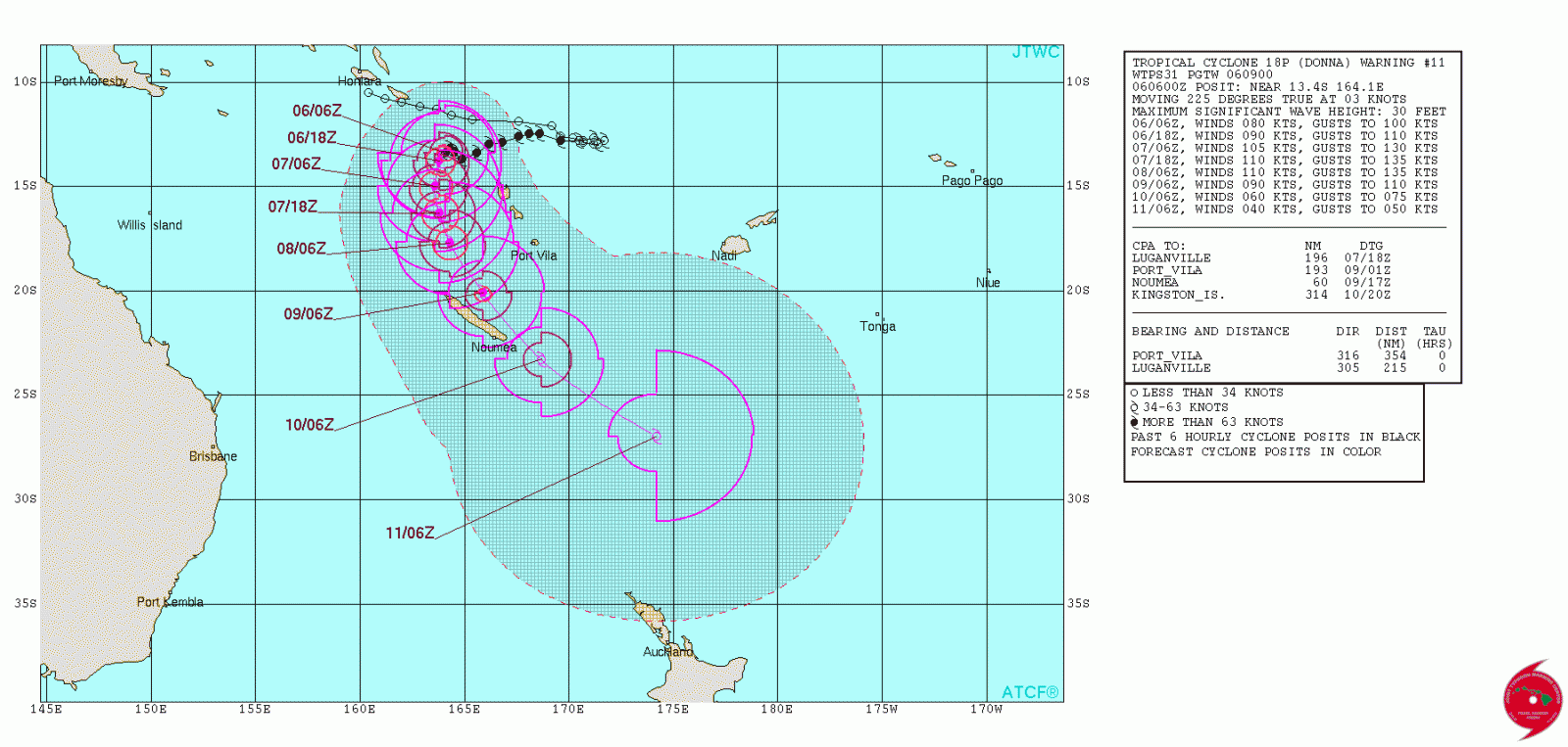Tropical Cyclone Donna forecast track by JTWC at 09:00 UTC on May 6, 2017