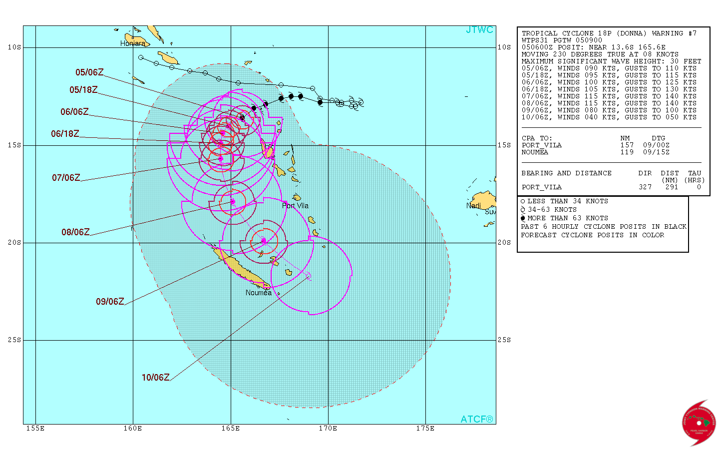 Tropical Cyclone Donna forecast track by JTWC on May 5, 2017