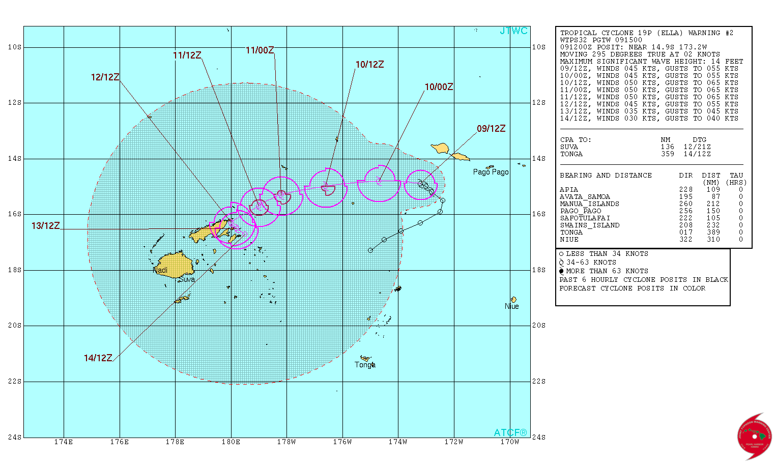 Tropical Cyclone Ella forecast track by JTWC at 15:00 UTC on May 9, 2017