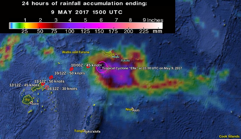 Tropical Cyclone Ella rainfall accumulation and center location at 15:00 UTC on May 9, 2017