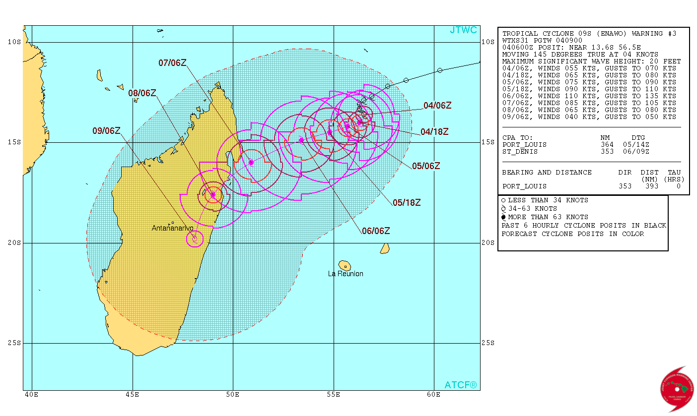 Tropical Cyclone Enawo forecast track by JTWC on March 4, 2017