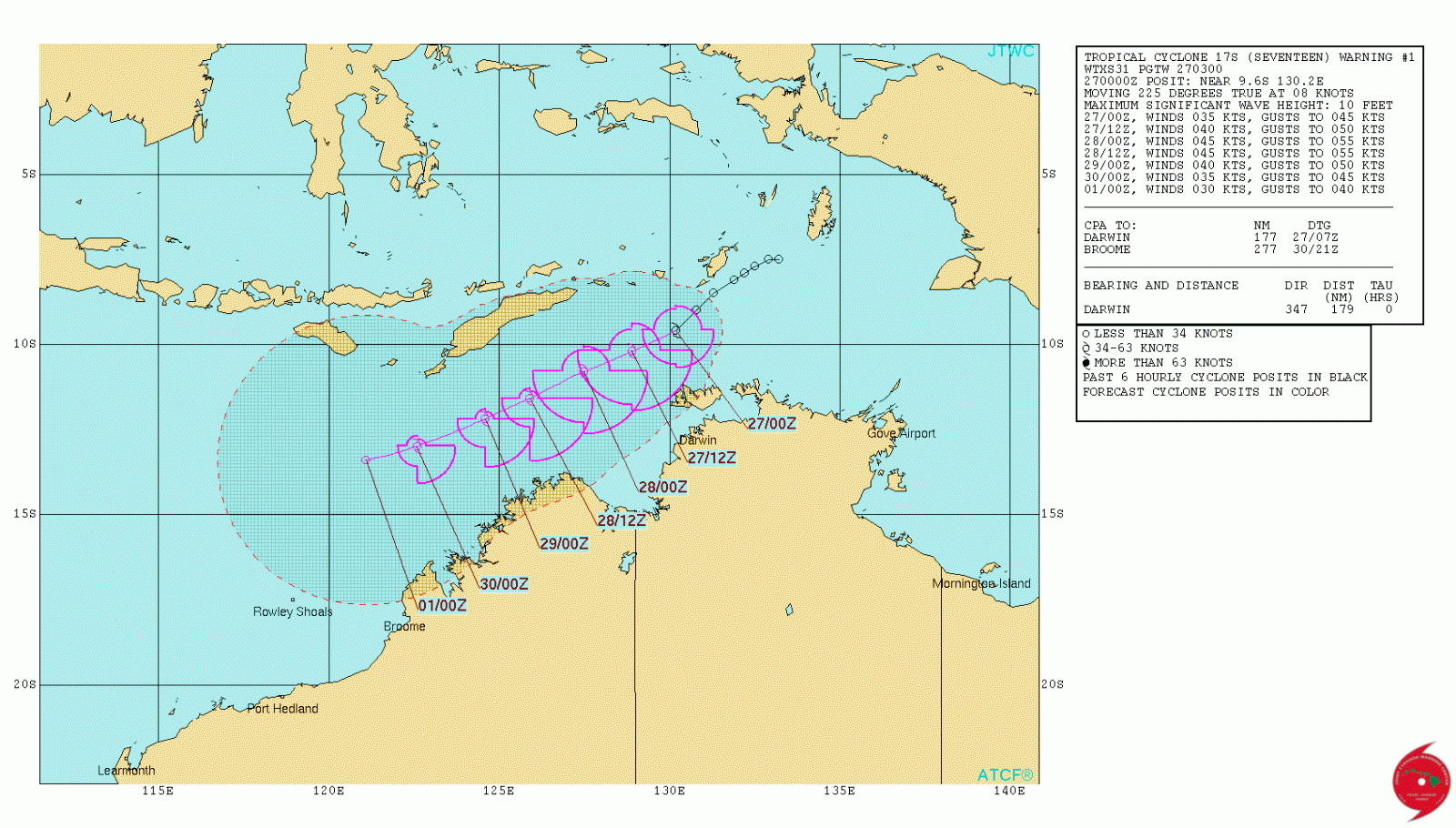 Tropical Cyclone Frances forecast track by JTWC at 03:00 UTC on April 27, 2017